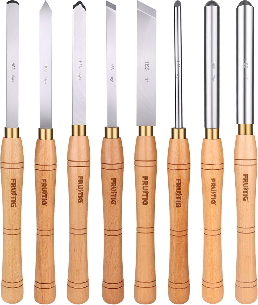 8pc Lathe Chisel Set, M2 HSS Wood Turning Tools for Beginners | Woodworking lathe tool kit for beginners, 10" solid