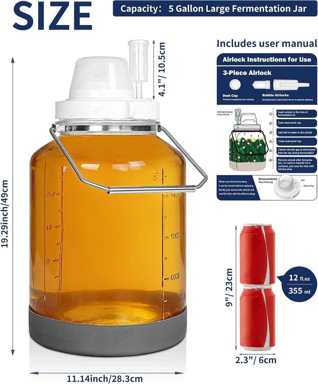 5 Gallon Glass Fermentation Jar with Wide Mouth, Stainless Handles, 1 Pack | Airtight Seal, Airlock Included, Quart &