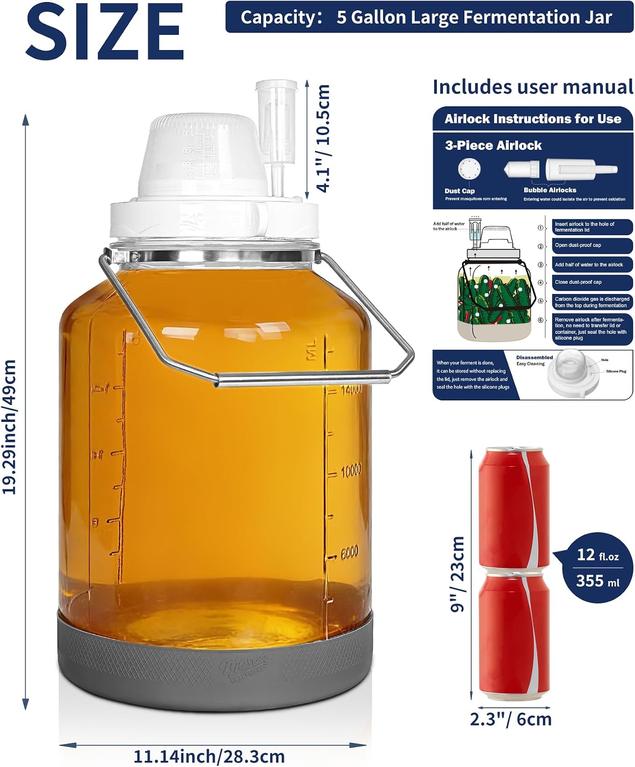 5 Gallon Glass Fermentation Jar with Wide Mouth, Stainless Handles, 1 Pack | Airtight Seal, Airlock Included, Quart &