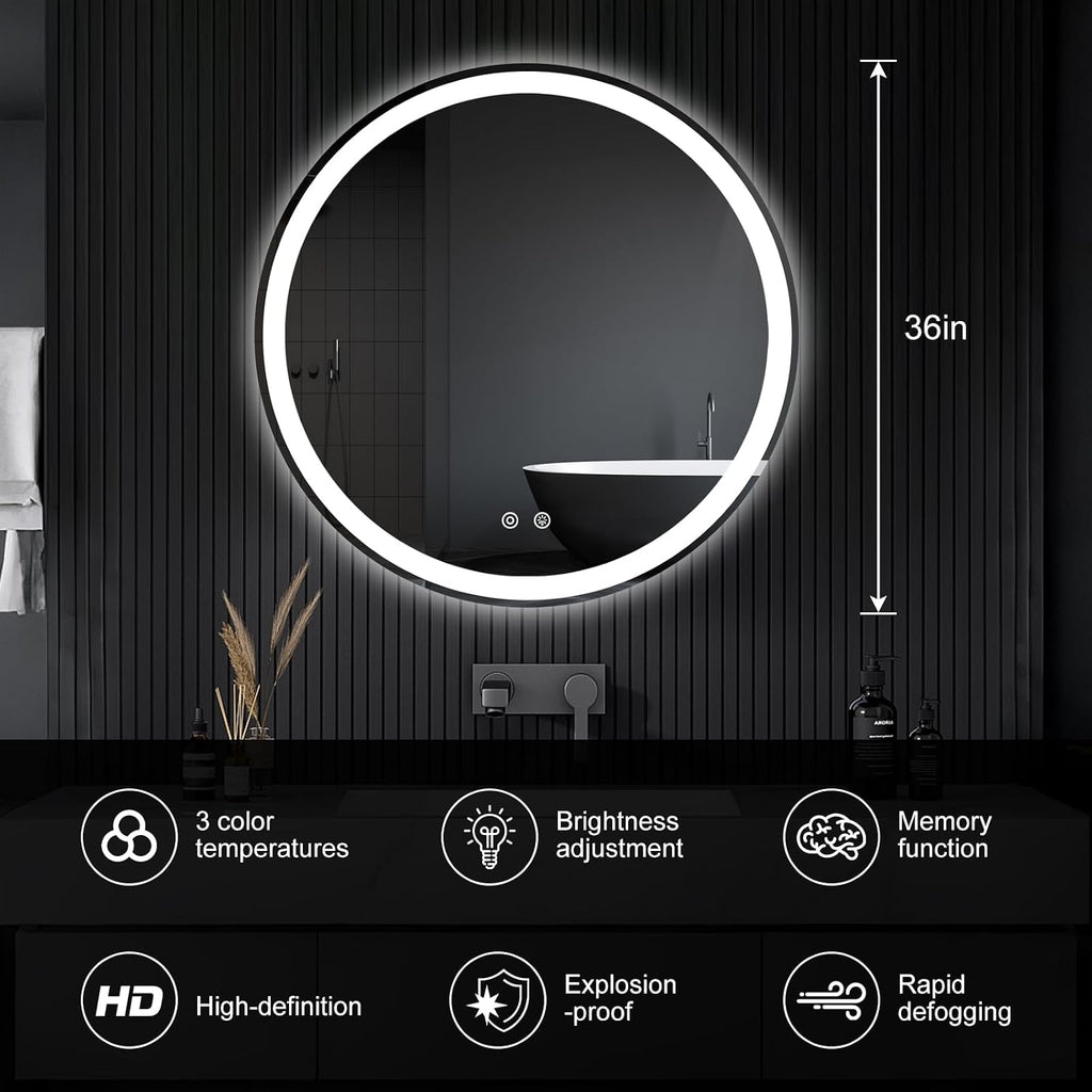36 Inch Round LED Bathroom Mirror with Lights, Circle Vanity Mirror | Anti-Fog, Dimmable, 3-Color Light, Front Light