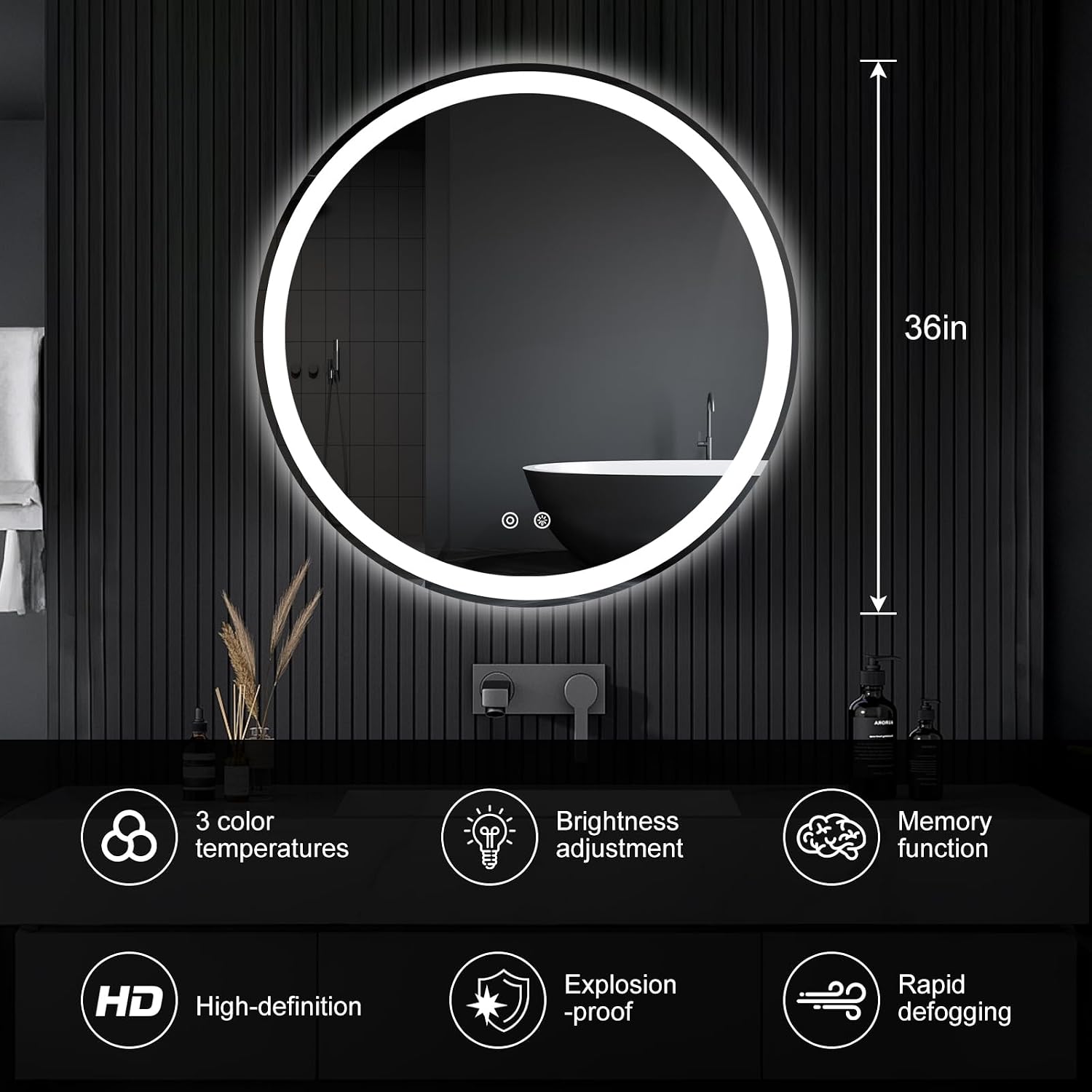 36 Inch Round LED Bathroom Mirror with Lights, Circle Vanity Mirror | Anti-Fog, Dimmable, 3-Color Light, Front Light