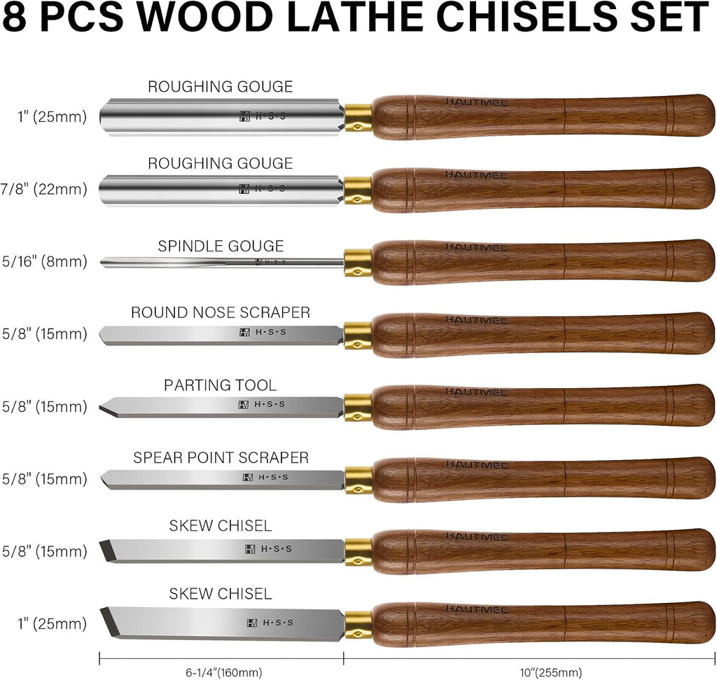 Expert Wood Lathe Chisel Set 8 PCS, M2 HSS Wood Turning Tools with Teak Handles & Portable Storage Bag, Roughing