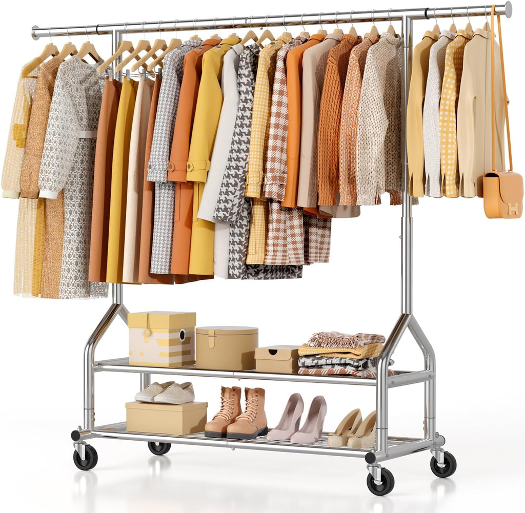 Heavy Duty Clothes Rack Load 556 LBS, Rolling Clothing Rack With Shelves, Height Adjustable Metal Clothes Hanger with