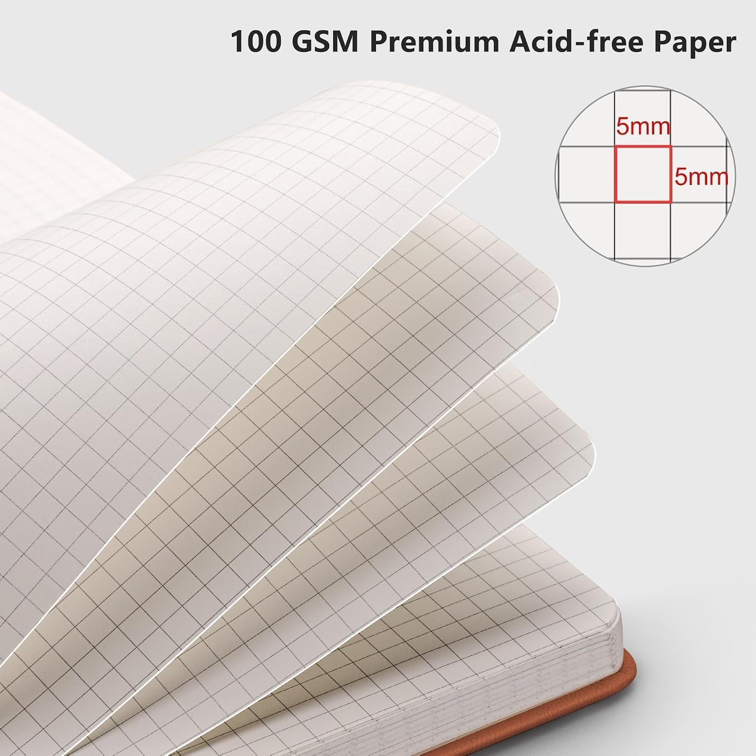 Graph Grid Paper Notebook, 192 Pages, A5 Medium Size (5.7'' x 8.3''), 5 Squares per Inch, Leather Hardcover, 100 GSM