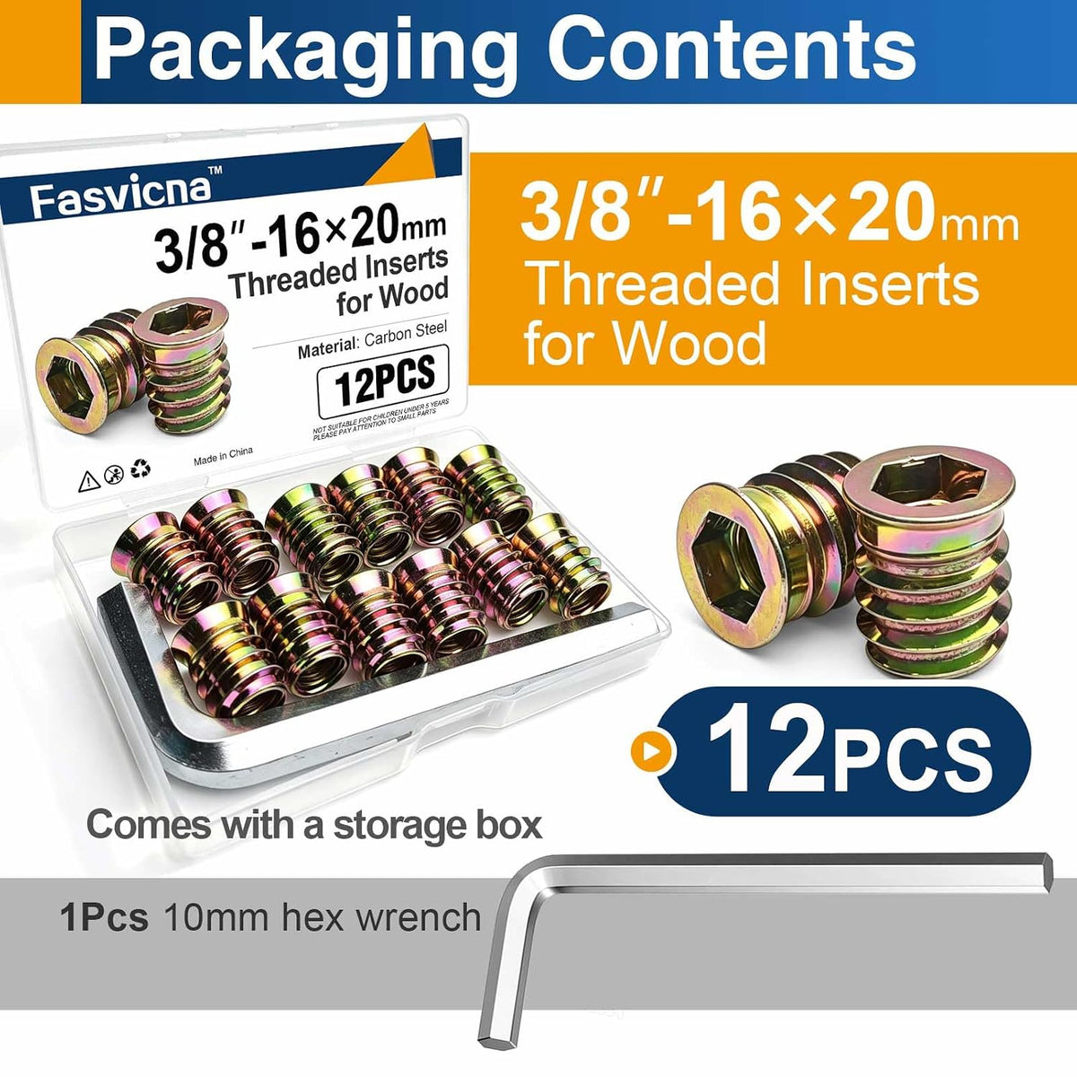 12PCS 3/8"-16 x 20mm Threaded Inserts for Wood, Hex Drive Nuts