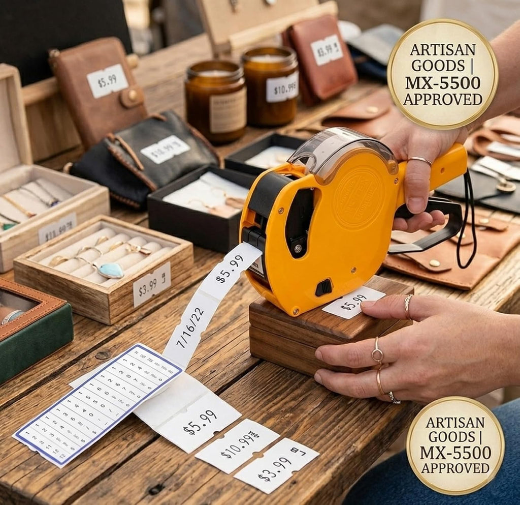 MX-5500NEW Price Tag Gun, 1 Line 8 Digits – Pre-Loaded 1,000 White Labels & Ink, Extra Ink Refill – Easy Label Maker