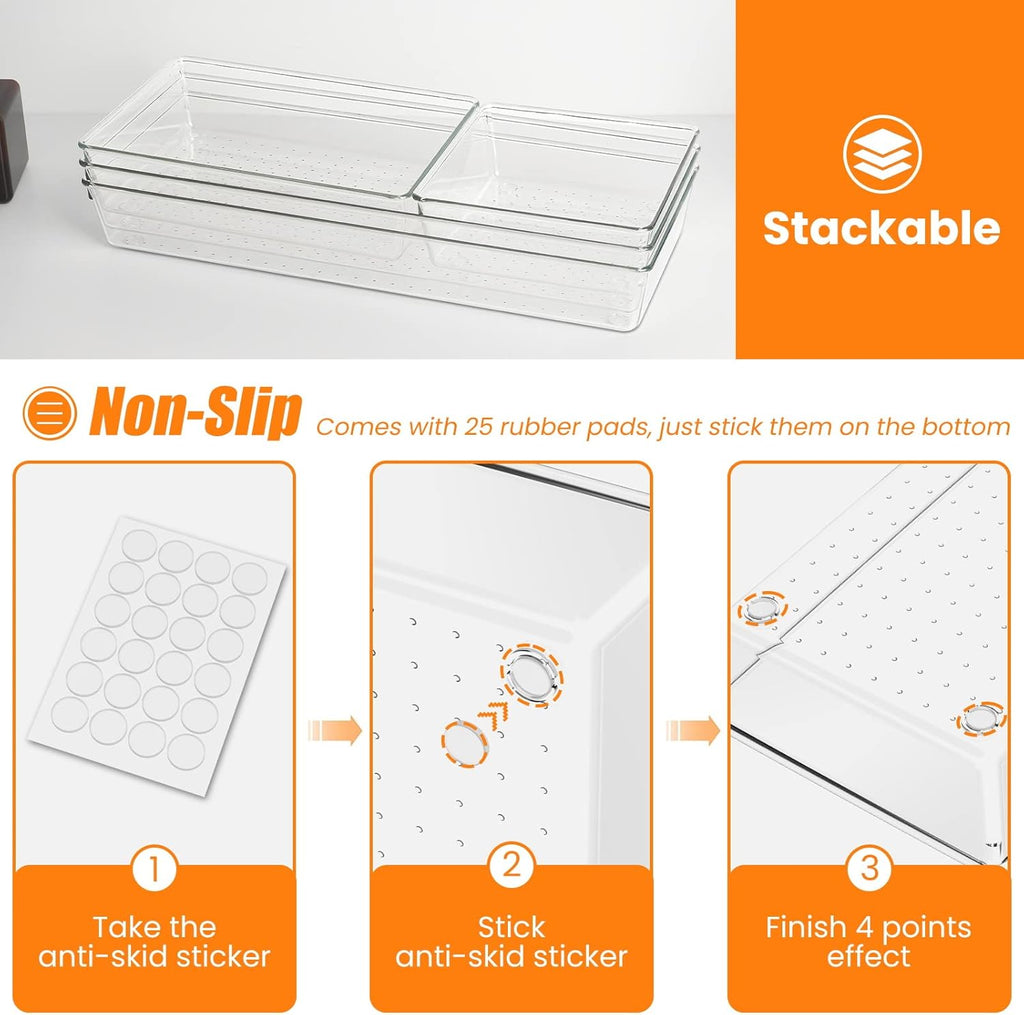 6 Pcs Large Size Clear Drawer Organizer Set, Acrylic Non Slip Non Cracking Kitchen Drawer Storage Tray Divider