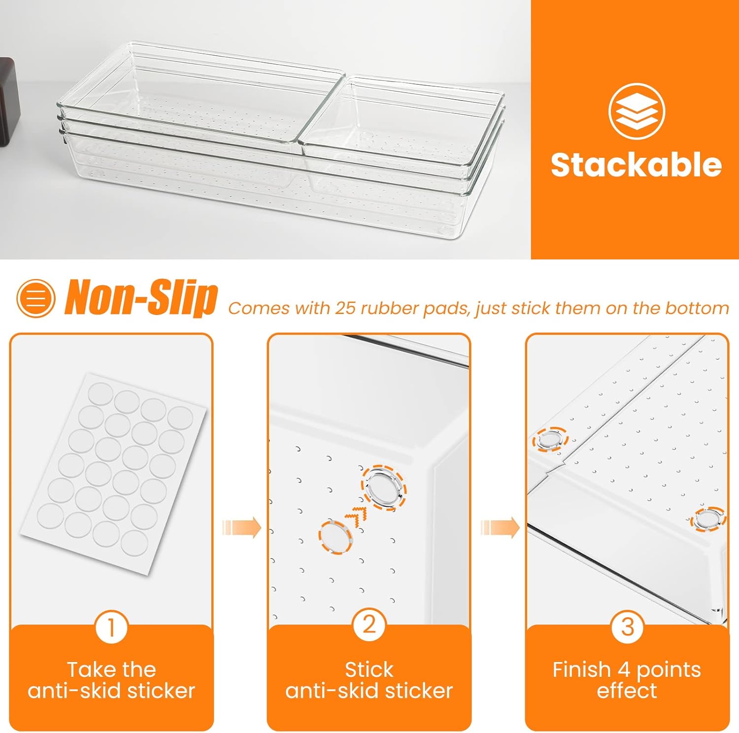 6 Pcs Large Size Clear Drawer Organizer Set, Acrylic Non Slip Non Cracking Kitchen Drawer Storage Tray Divider