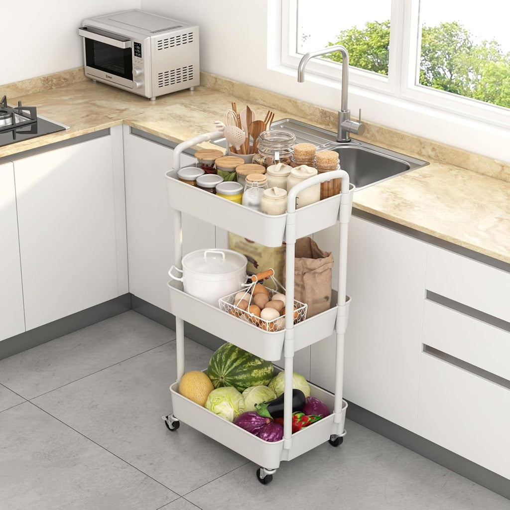 3-Tier Plastic Rolling Utility Cart with Wheels for Storage,White
