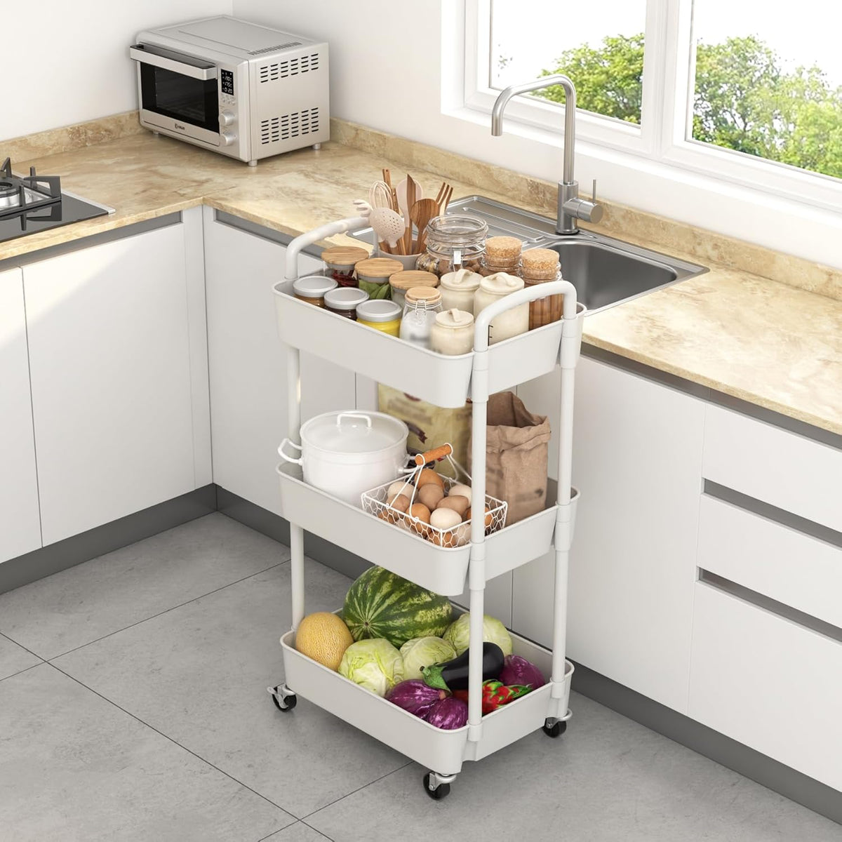 3-Tier Plastic Rolling Utility Cart with Wheels for Storage,White