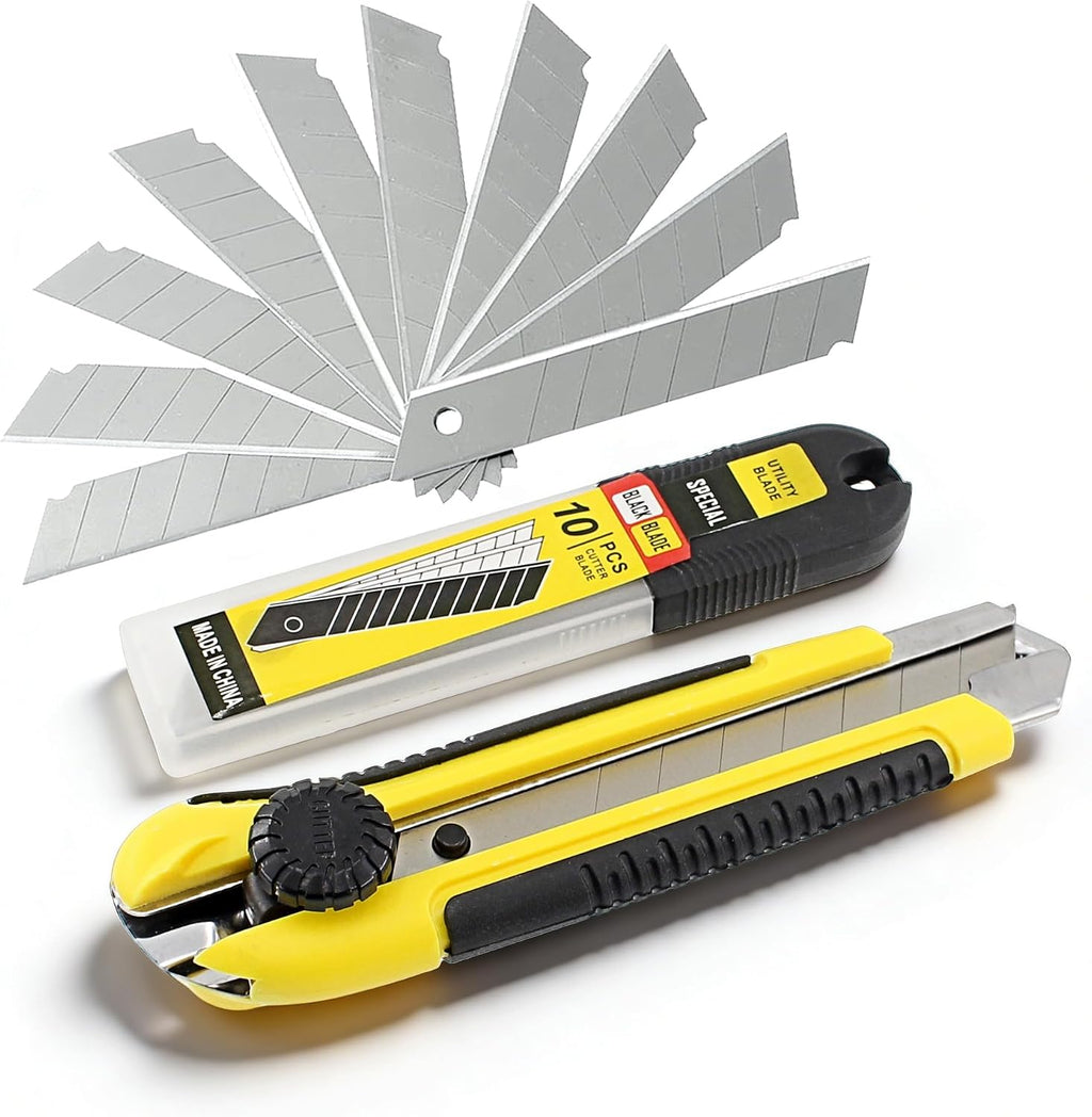 25mm Heavy Duty Utility Knife,10pcs SK5 Snap-Off Blades,Retractable Lock Box Cutter with Anti-Slip Rubber Grip for