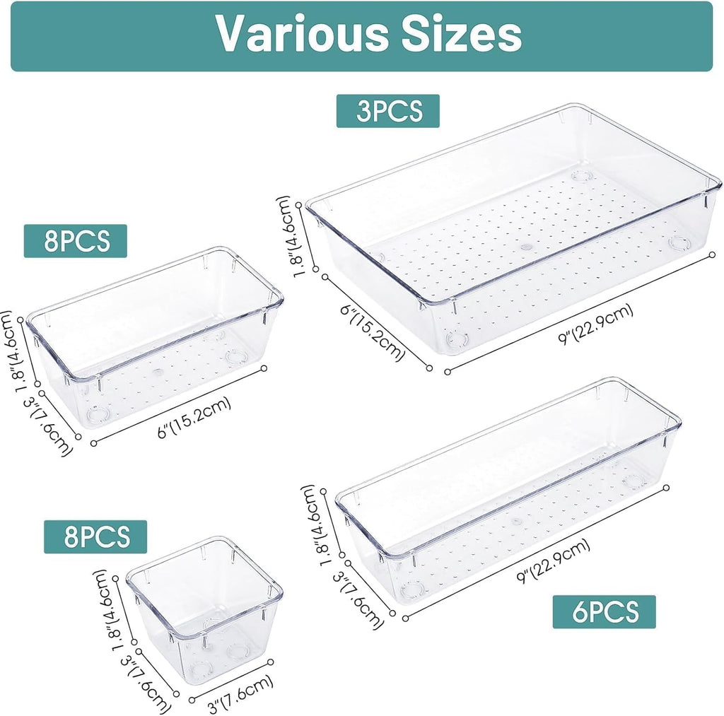 25 PCS Clear Plastic Drawer Organizer Set, 4 Sizes Desk Drawer Divider Organizers and Storage Bins for Makeup