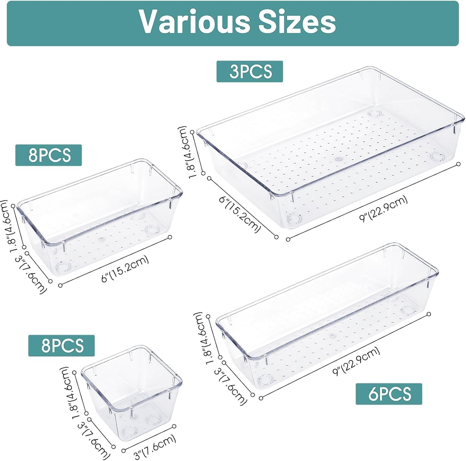 25 PCS Clear Plastic Drawer Organizer Set, 4 Sizes Desk Drawer Divider Organizers and Storage Bins for Makeup