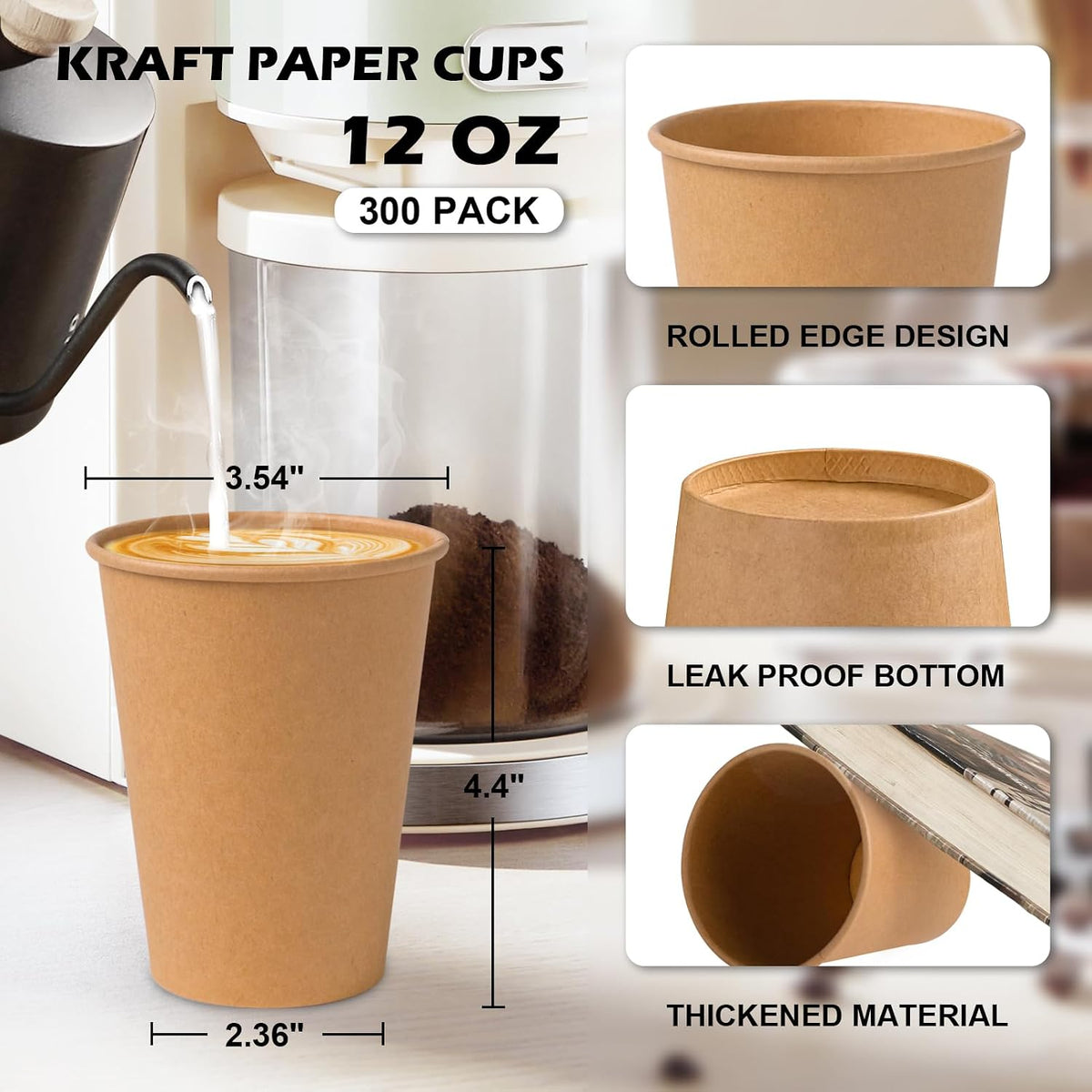 300 Pack 12 oz Kraft Paper Cups, Unbleached Disposable Coffee Cups