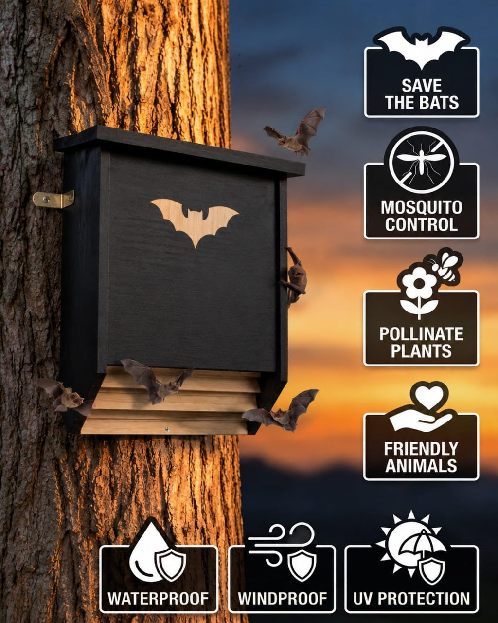 Bat Houses, Weatherproof Two Chamber Bat Box for Outdoors