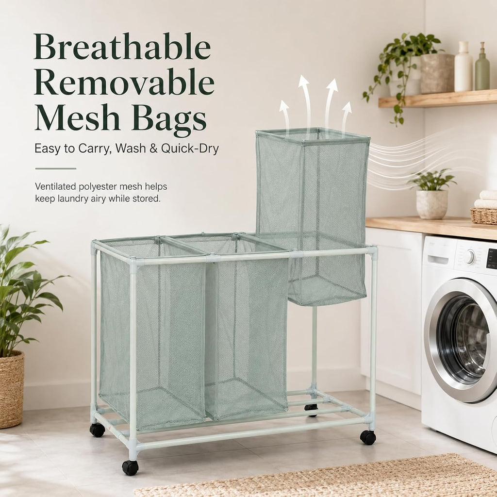 3-Bag Mesh Rolling Laundry Sorter Cart, Soft Silver, Removable Washable Bags, Easy-Roll Casters, Rust-Resistant PVC