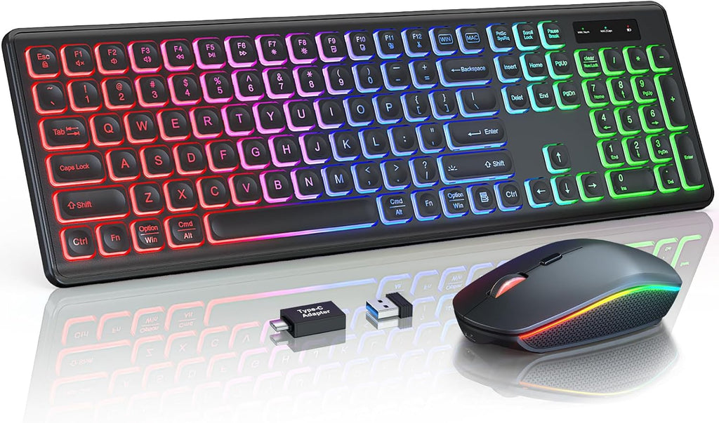 Wireless Keyboard and Mouse Combo with RGB Backlit, Rechargeable | Light Up Letters, Full-Size, Soft Typing, Sleep