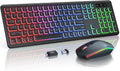 Wireless Keyboard and Mouse Combo with RGB Backlit, Rechargeable | Light Up Letters, Full-Size, Soft Typing, Sleep