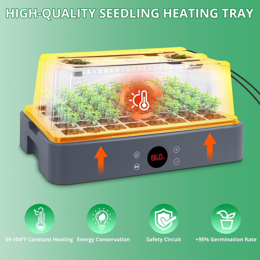 Seed Starter Tray with Grow Light, Heated Seed Starter Kit | Temperature Display, Humidity Dome Germination Kit