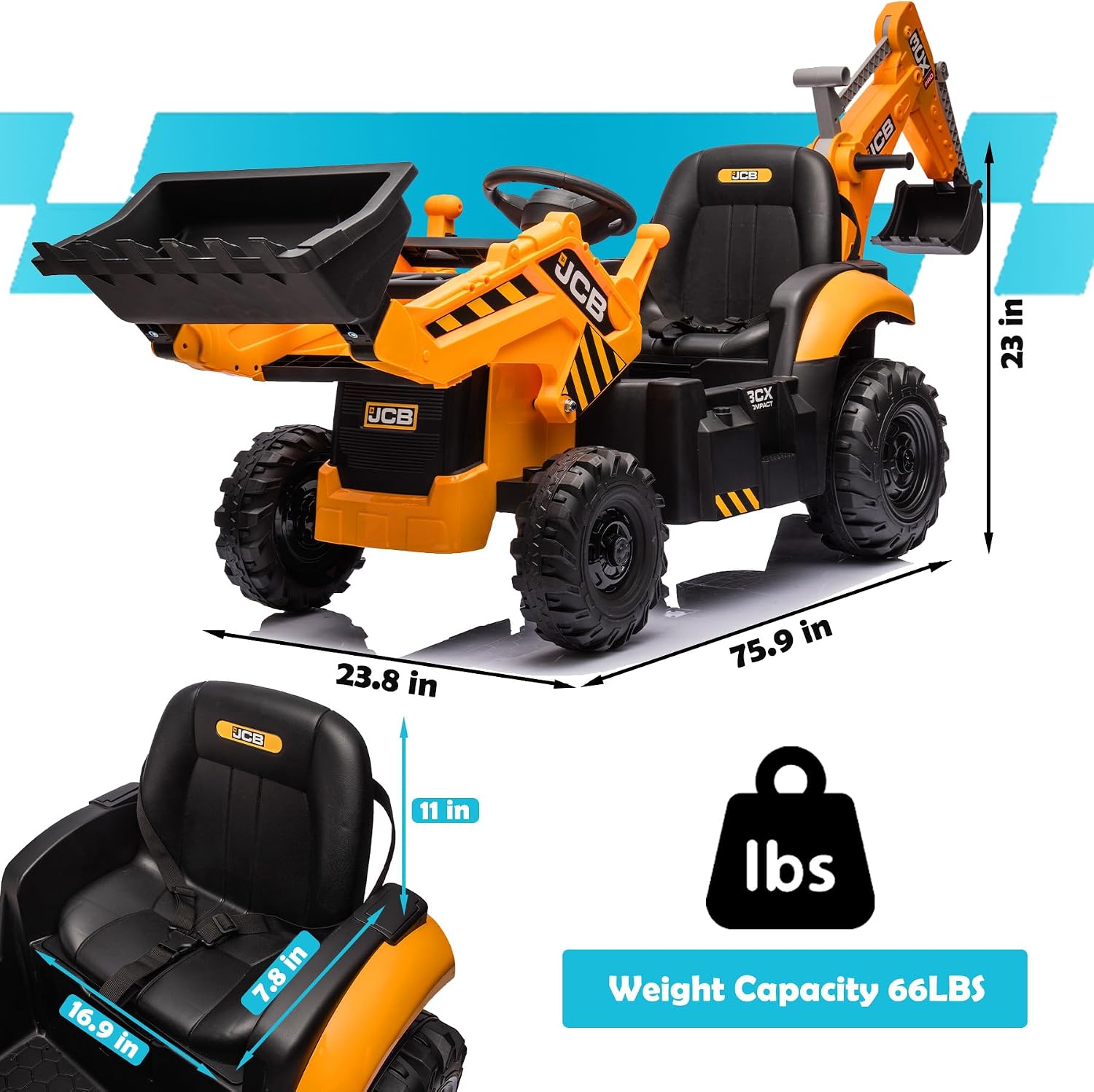 24V 3 in 1 Ride on Tractor, Excavator & Bulldozer for Kids, Licensed JCB Electric Vehicle w/Remote Control, Front