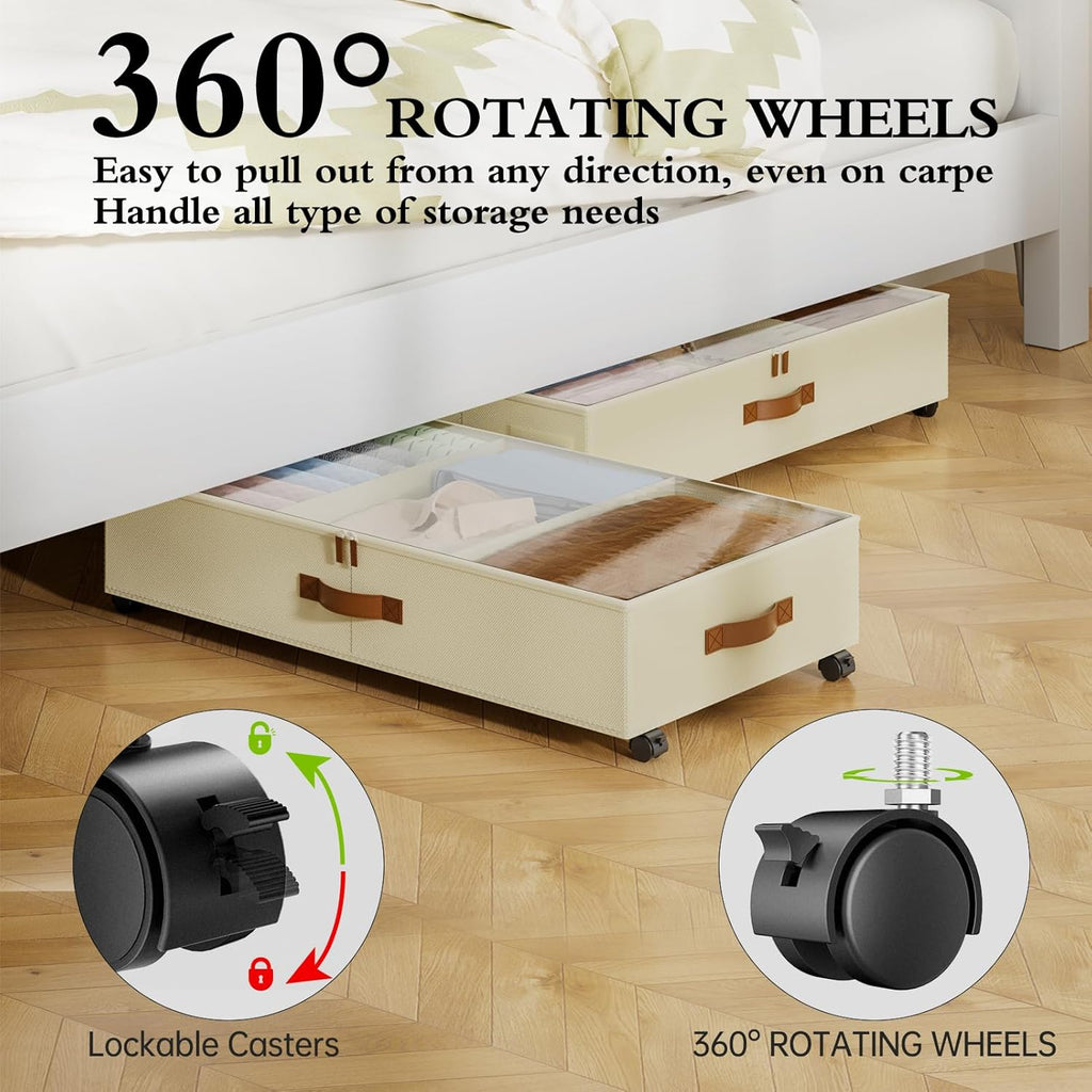 Under Bed Storage with Wheels, 2 Pack Under Bed Storage Containers with Adjustable Dividers & Clear Lid, Rolling