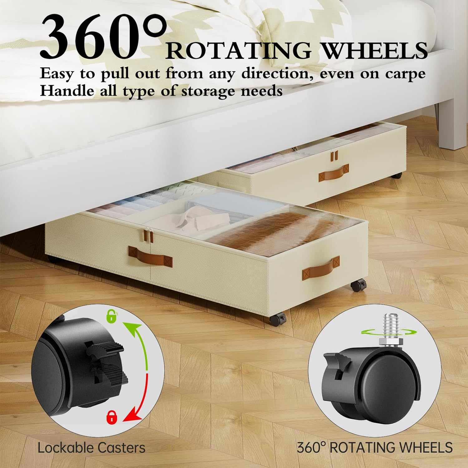 Under Bed Storage with Wheels, 2 Pack Under Bed Storage Containers with Adjustable Dividers & Clear Lid, Rolling