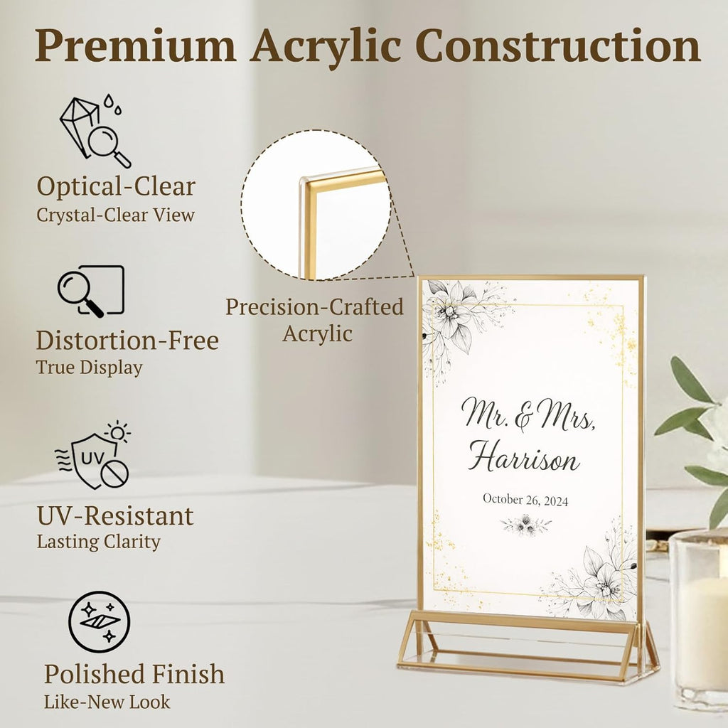 2 Pack Acrylic Sign Holder 4 x 6, Double Sided Gold Picture Frame Stand up Table Top Sign Holders, Clear Display