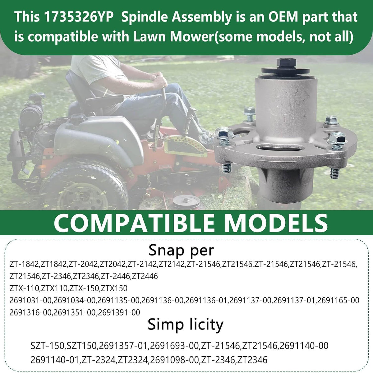 Spindle Assembly Compatible with Snapper Mower 1735326YP 1735326 485866 1735573YP 14226 1735323YP 330240B
