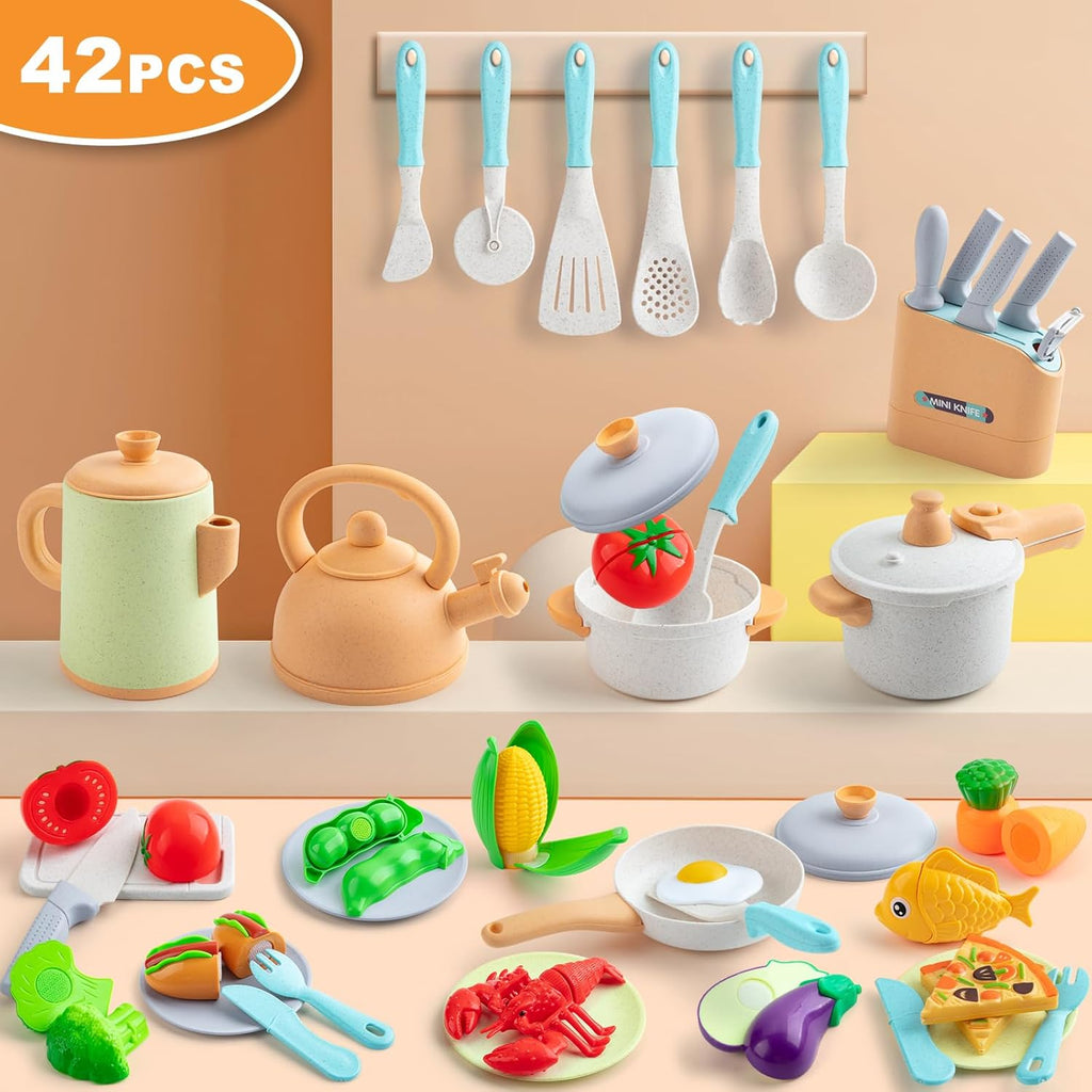 Kids Play Kitchen Accessories, 42Pcs Toddlers Pretend Toy Kitchen Playset Cooking Sets with Pressure Pots and Pans