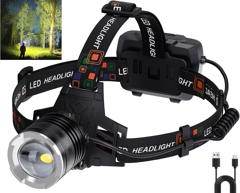 LED Rechargeable Headlamp, 99,000 Lumens Head Lamps Super Bright Long Distance Headlamps with 5 Mode Waterproof, 90°