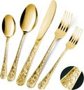 Gold Silverware Set, 60 Pieces Vintage Carved Flatware Set for 12, Stainless Steel Cutlery Set with