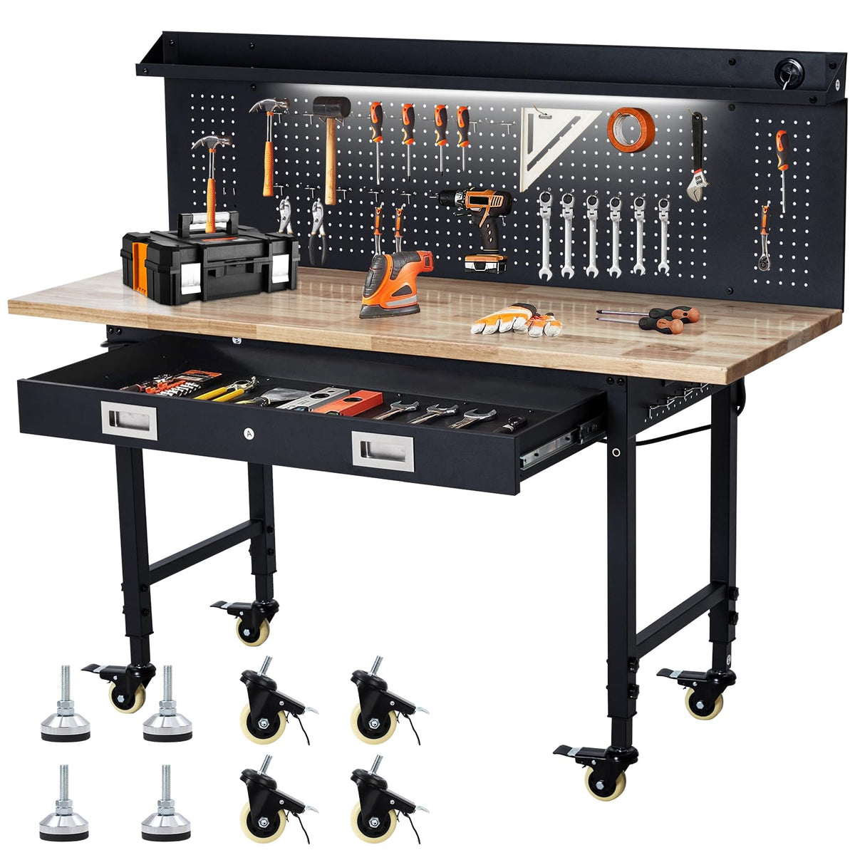 60" Adjustable Height Workbench, Rubber Wood Tabletop Workbench with Pegboard, Storage Drawers, Rolling Work Table