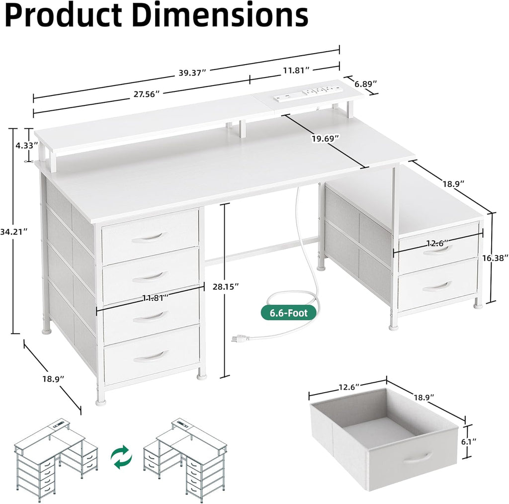 52 Inch Office Desk with 6 Drawers and Printer Space for Storage, Reversible Computer Desk with Monitor Stand & Power