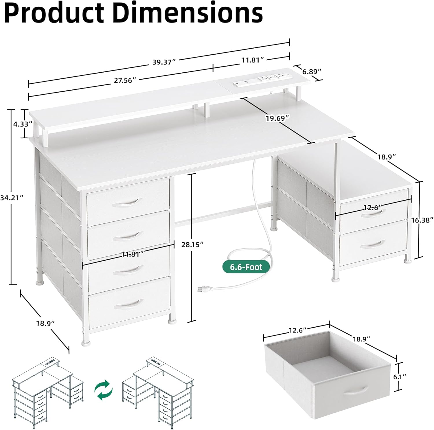 52 Inch Office Desk with 6 Drawers and Printer Space for Storage, Reversible Computer Desk with Monitor Stand & Power