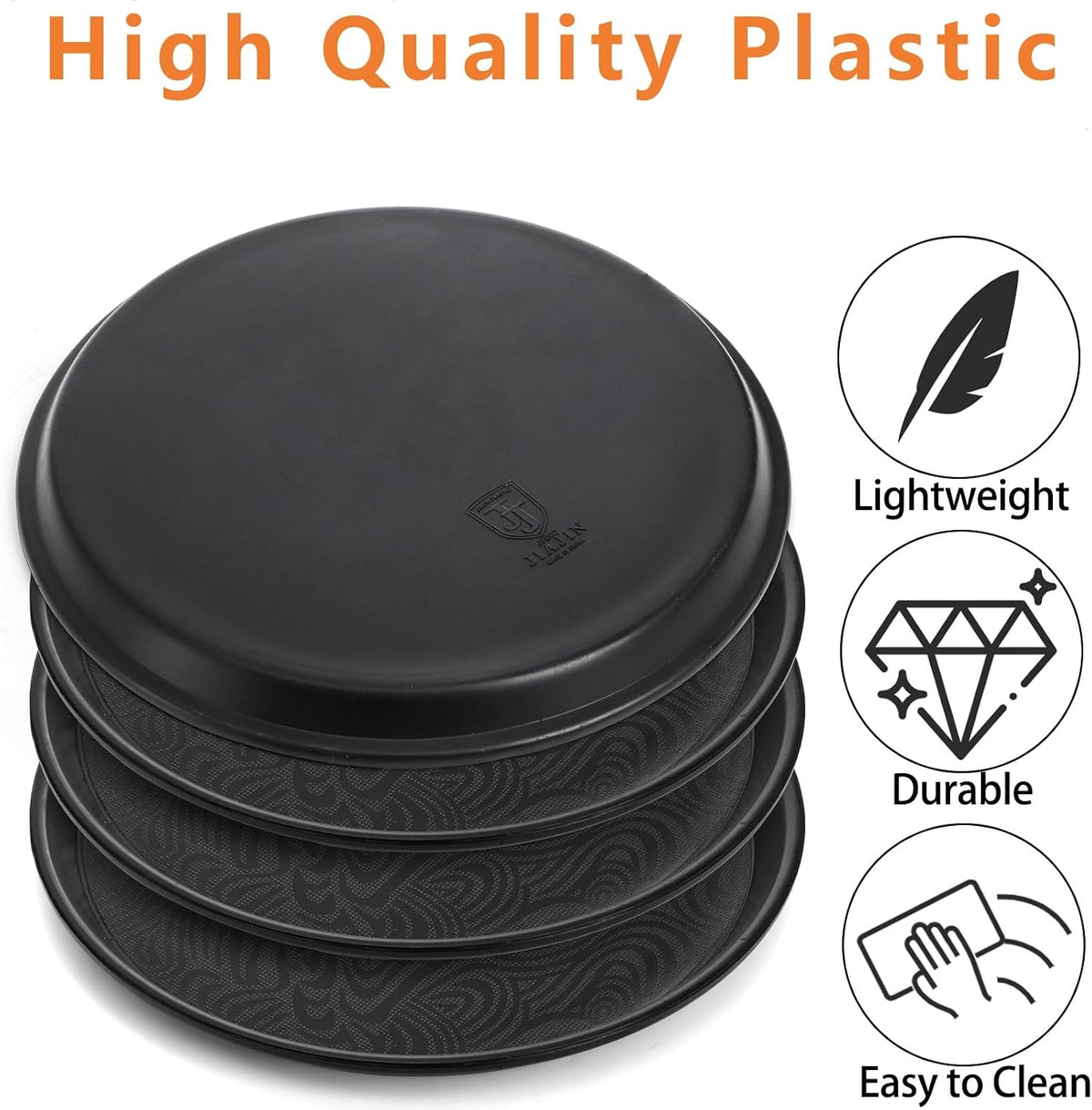 4 Pack Round Restaurant Serving Tray, 14 Inch Black Plastic Server Tray Non-Slip Food Serving Platter for Drinks