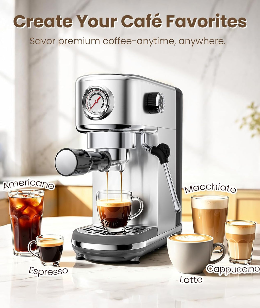 Espresso Machine with Milk Frother, 20 Bar Pressure Espresso Maker | with 44OZ Removable Tank, Compact Stainless