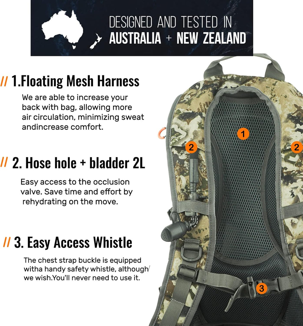 Camo and Green Hunting Backpack Tactical Military Bags Waterproof Daypack for 25L Capacity Removable Hip Belt