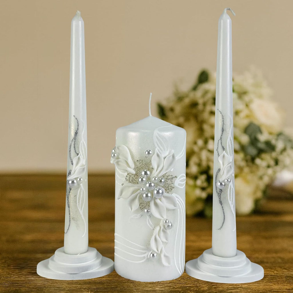 Pearl Bloom Unity Candle Set for Wedding Ceremony, Handmade White Floral Wedding Unity Candles, Unscented 6" Pillar &