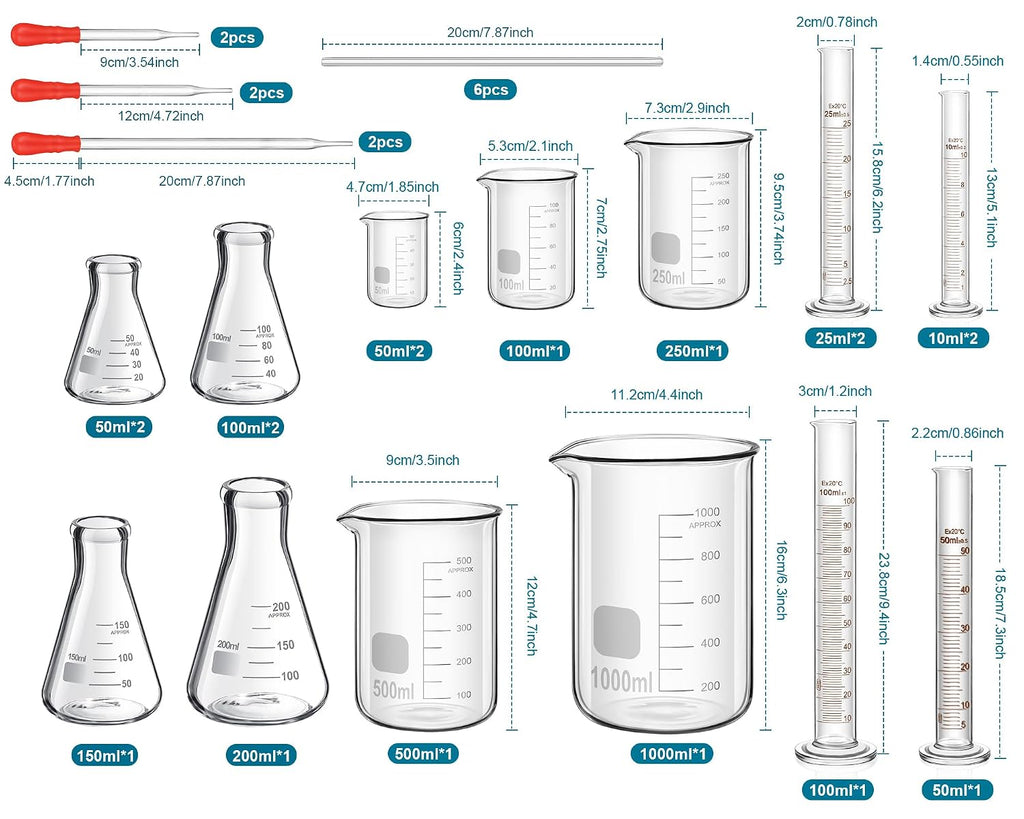 30 Pcs 50/100/250/500/1000ml Glass Beaker Set, 3.3 Borosilicate Low Form Griffin Lab Glassware Include Graduated