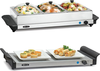 4.5 Quart Triple Electric Buffet Server, Food Warming Tray & Slow Cooker - Brushed Stainless Steel Heated Serving