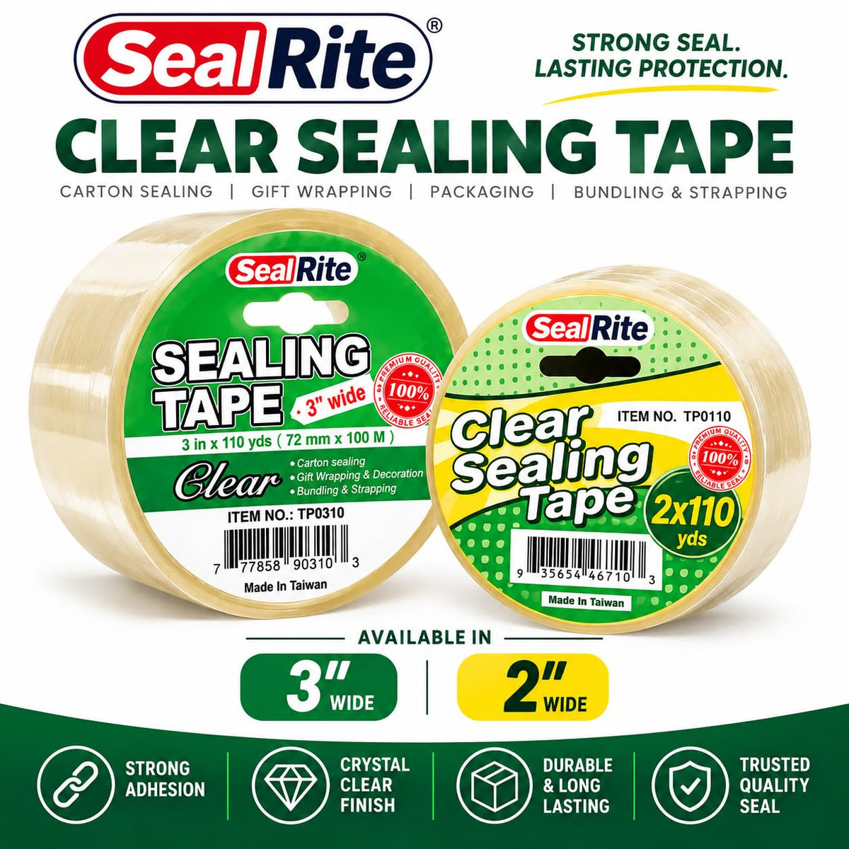 Heavy Duty Clear Packaging Tape, 2" x 110 Yards, 2.0 Mil, 4-Pack
