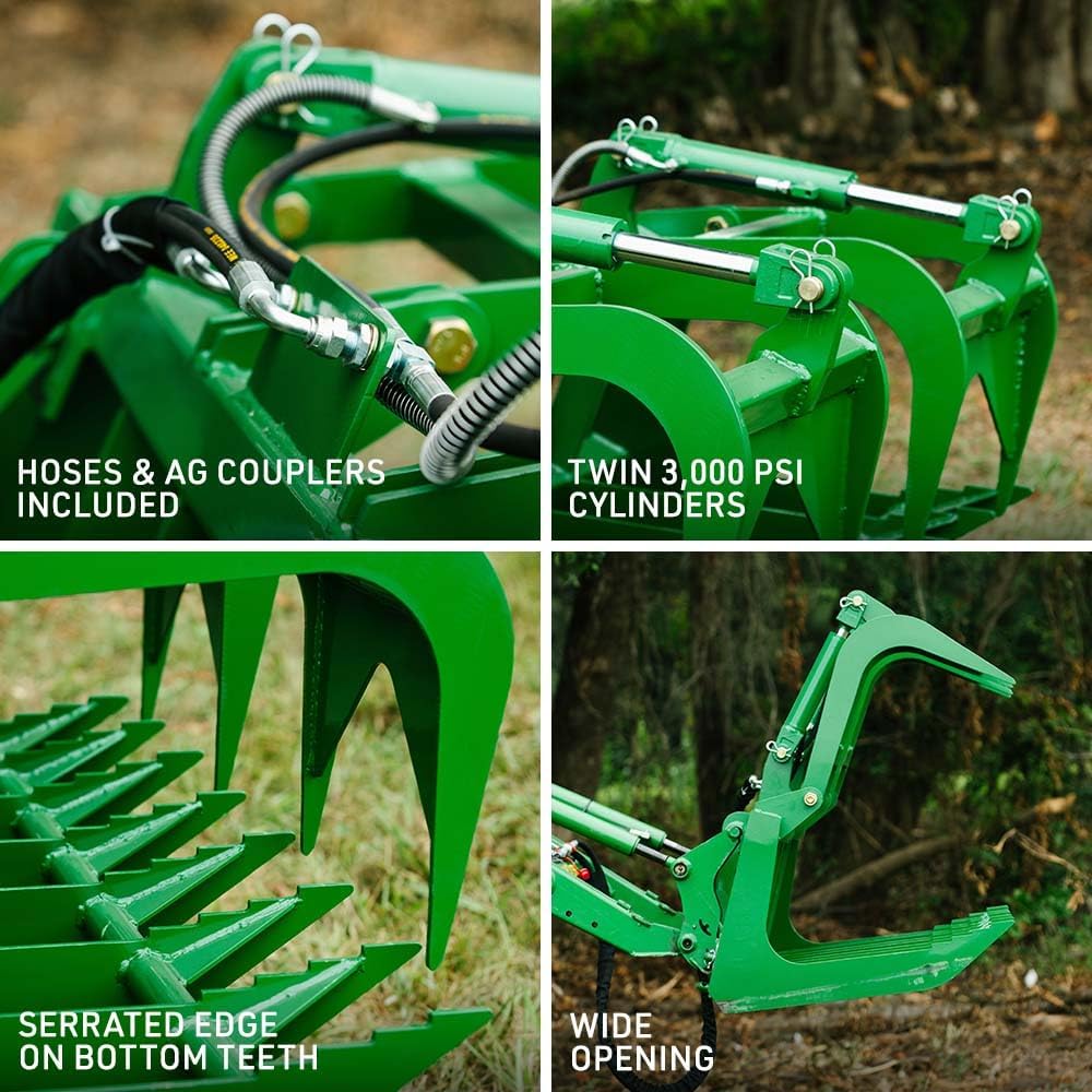 48" Economy Series Root Grapple Bucket Attachment, Hook and Pin Connection, Single 3,000 PSI Cylinder with Cylinder