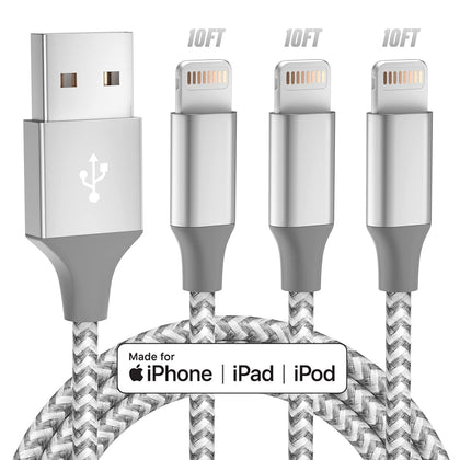 iPhone Charger 3 Pack 10FT MFi Lightning Cable (Grey White) | MFi Certified Fast Charging & High-Speed Data Sync