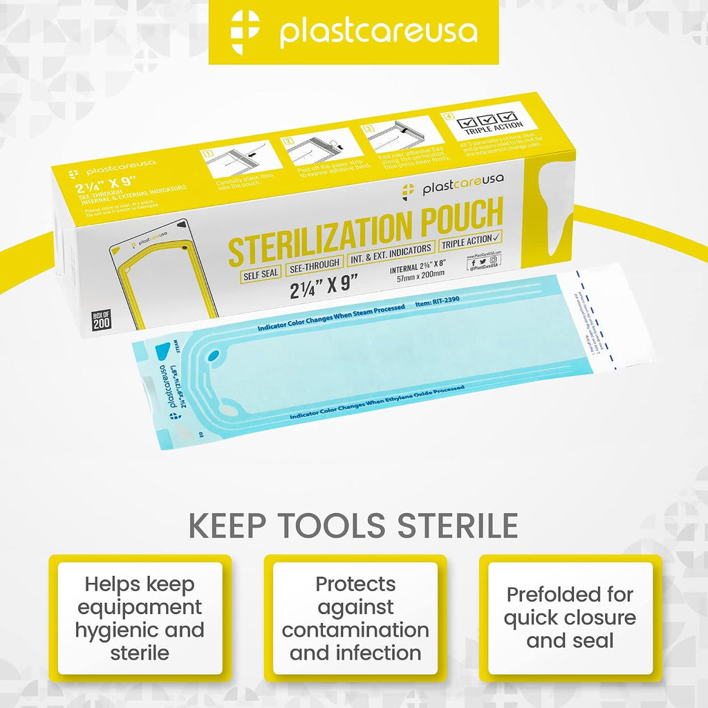 200 2.25 x 9 Sterilization Pouches, Sterilizer Autoclave Bags for Sterilizing Dental Medical Instruments and Cleaning