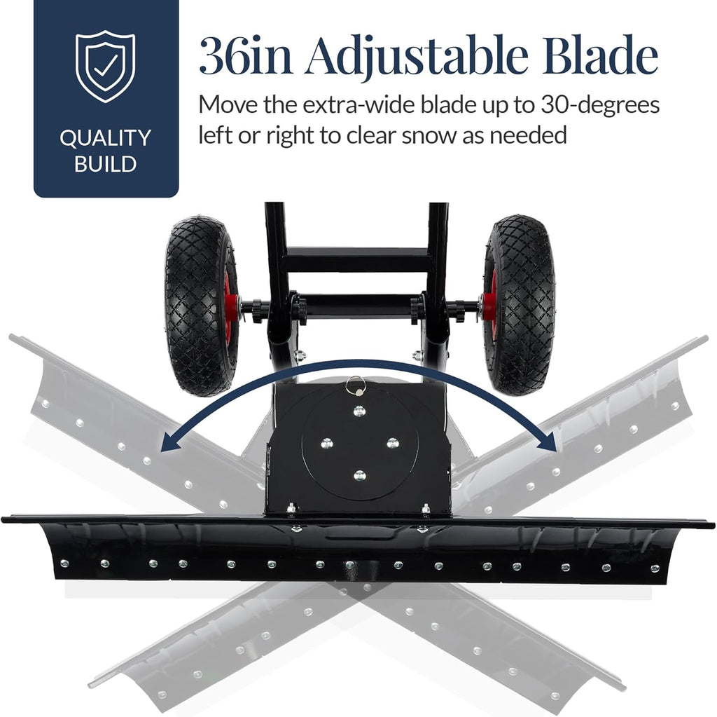 36in Galvanized Blade Heavy-Duty 2-Wheel Snow Pusher Hand Plow for Snow Removal w/Wheels, Adjustable Handle, Blade