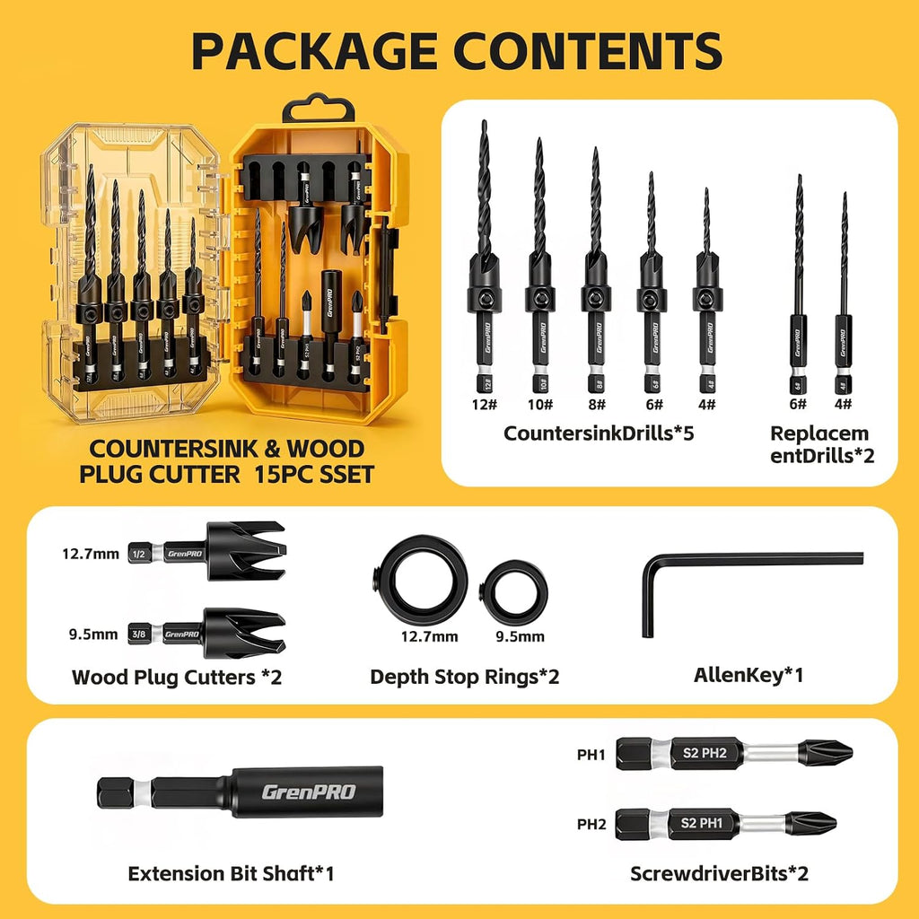 GRENPRO Countersink Drill Bit Set, 15PCS Tapered Bits with 2 Plug Cutters
