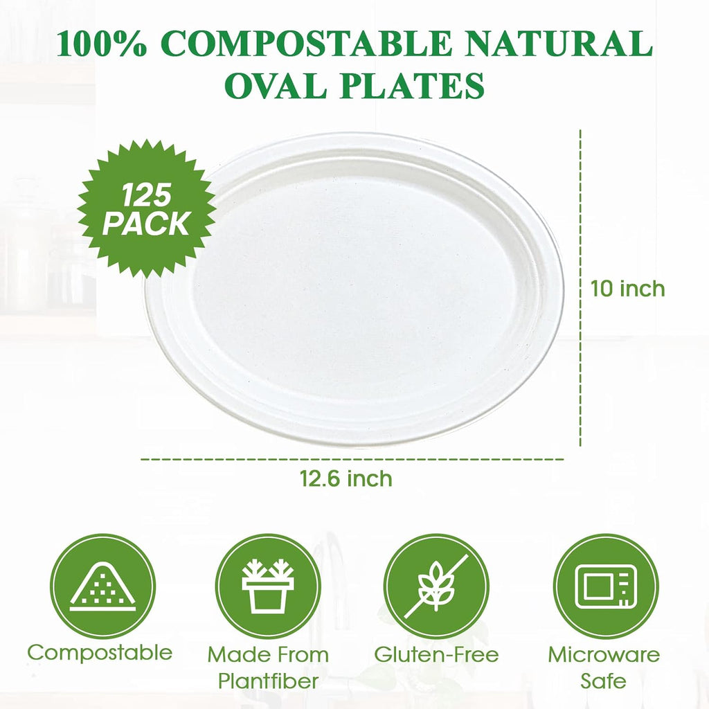 100% Compostable Oval Paper Plates 12 inch 125 Pack, White
