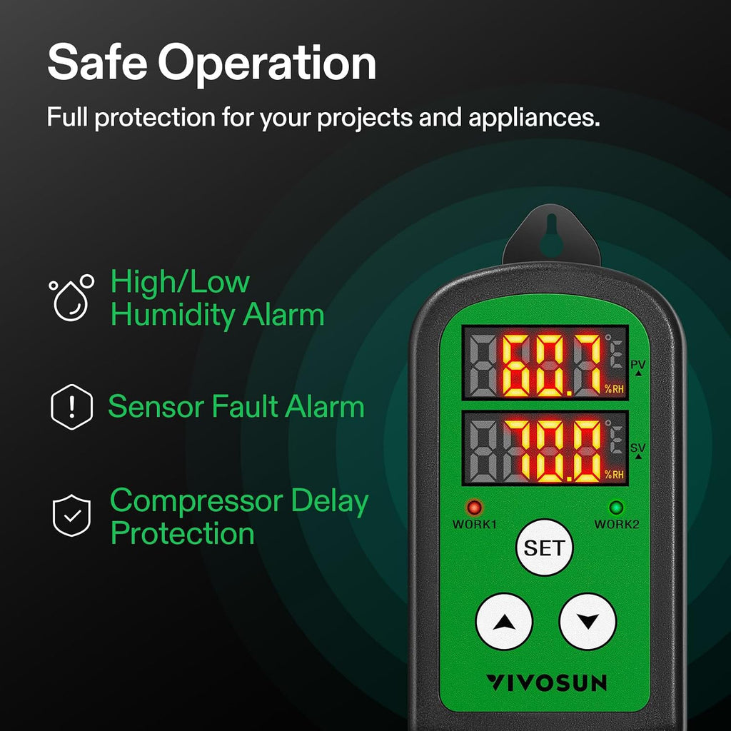 Humidity Controller, 1200W Dual-Stage Outlet, Pre-Wired Digital Humidistat with Dual LED Displays for
