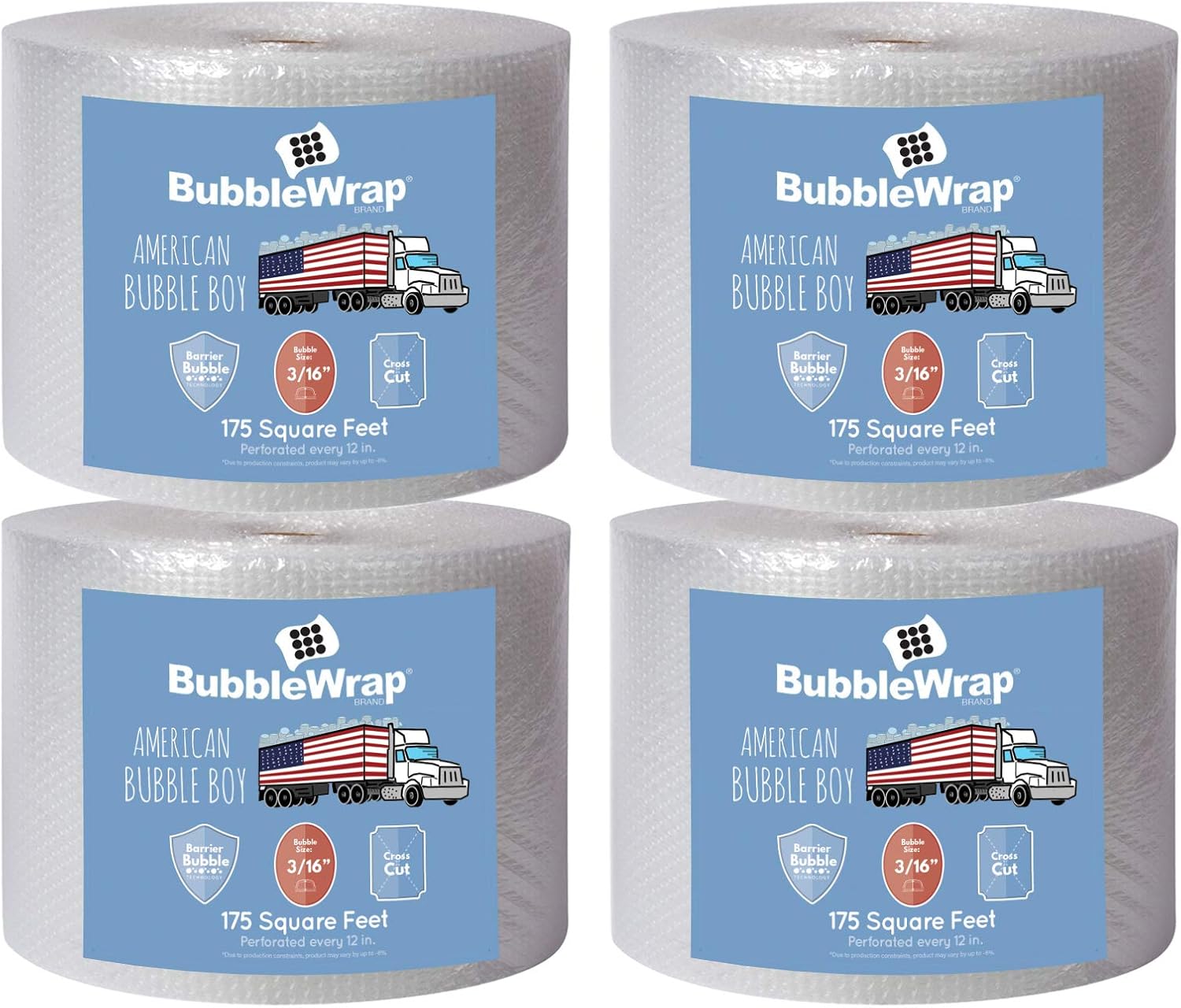 4 large rolls of Bubble Wrap total 700 feet, small bubbles 3/16 cushioning, 700 ft, heavy duty, perforated Every 12"