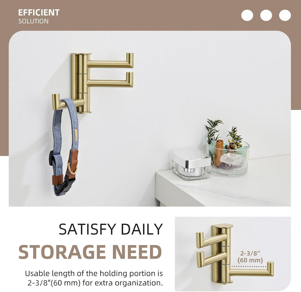 Towel Hook 3 Arms, Swivel Coat Wall Hook, Brushed Gold | Solid SUS304 Stainless Steel, Foldable Robe Towel Holder for